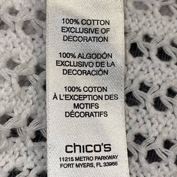Chico’s Open Knit Crochet V-Neck Sweater Women Size 2 (12) 3/4 Sleeve White - Picture 7 of 11
